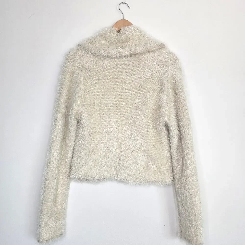 Free People Mina Fuzzy Sequin Tie Front Cardigan Cream Ivory Size Large - Picture 9 of 9